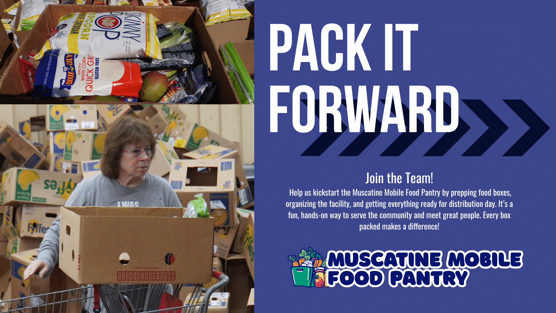 a welcoming neighbor carries groceries at our food pantry. join us in sharing hope—volunteer for pack it forward monday!. muscatine church of christ