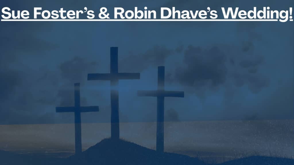 three crosses on a hill welcome all beneath hopeful skies: join us for the joyful wedding of susan & robin!. muscatine church of christ
